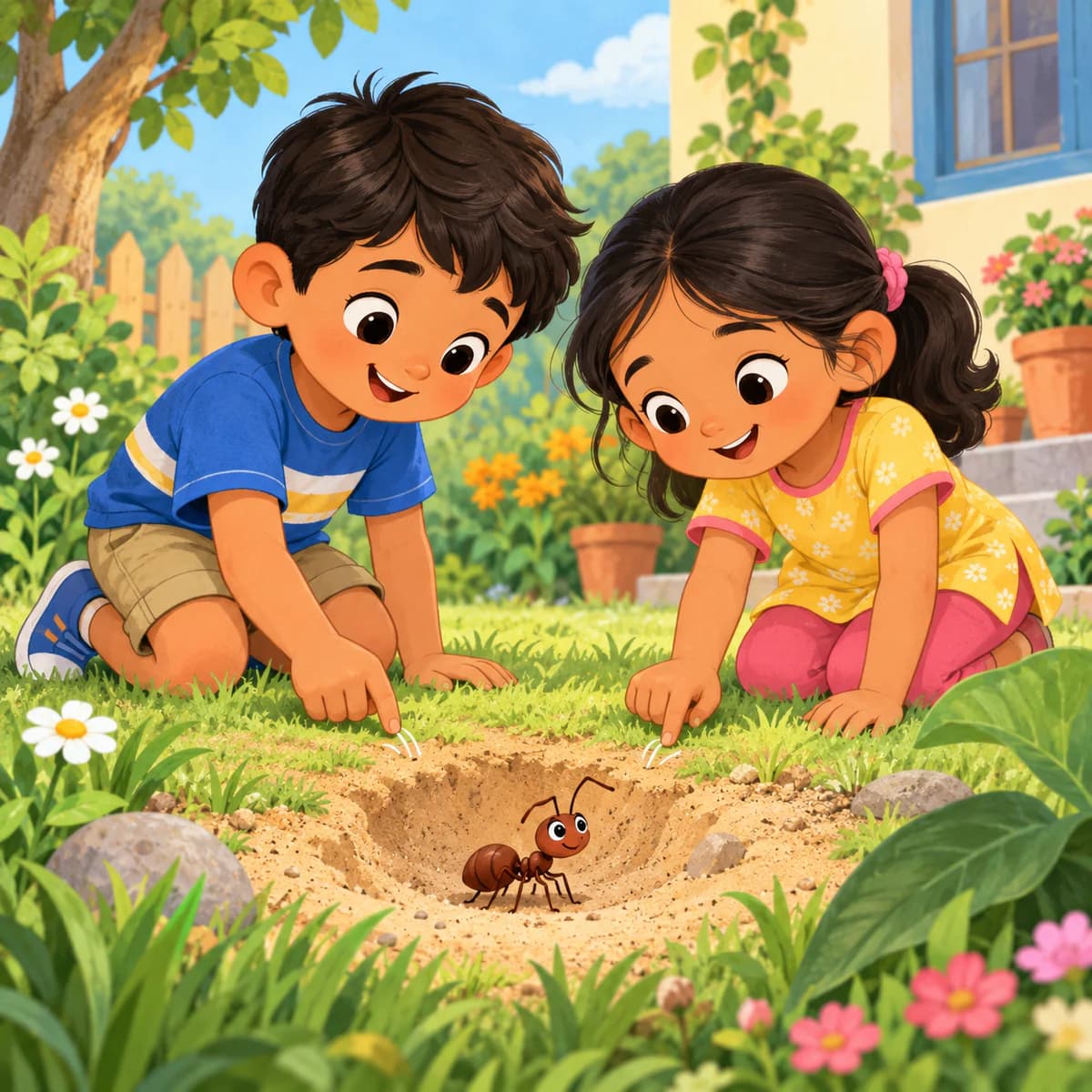 Two Indian children noticing a friendly ant in a tiny garden hollow