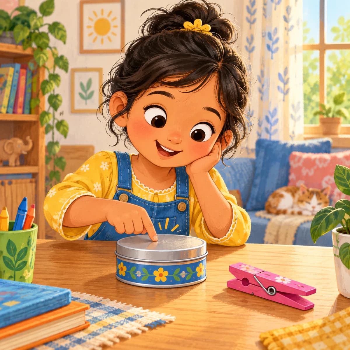 An Indian child tapping a small round tin during a playful learning activity