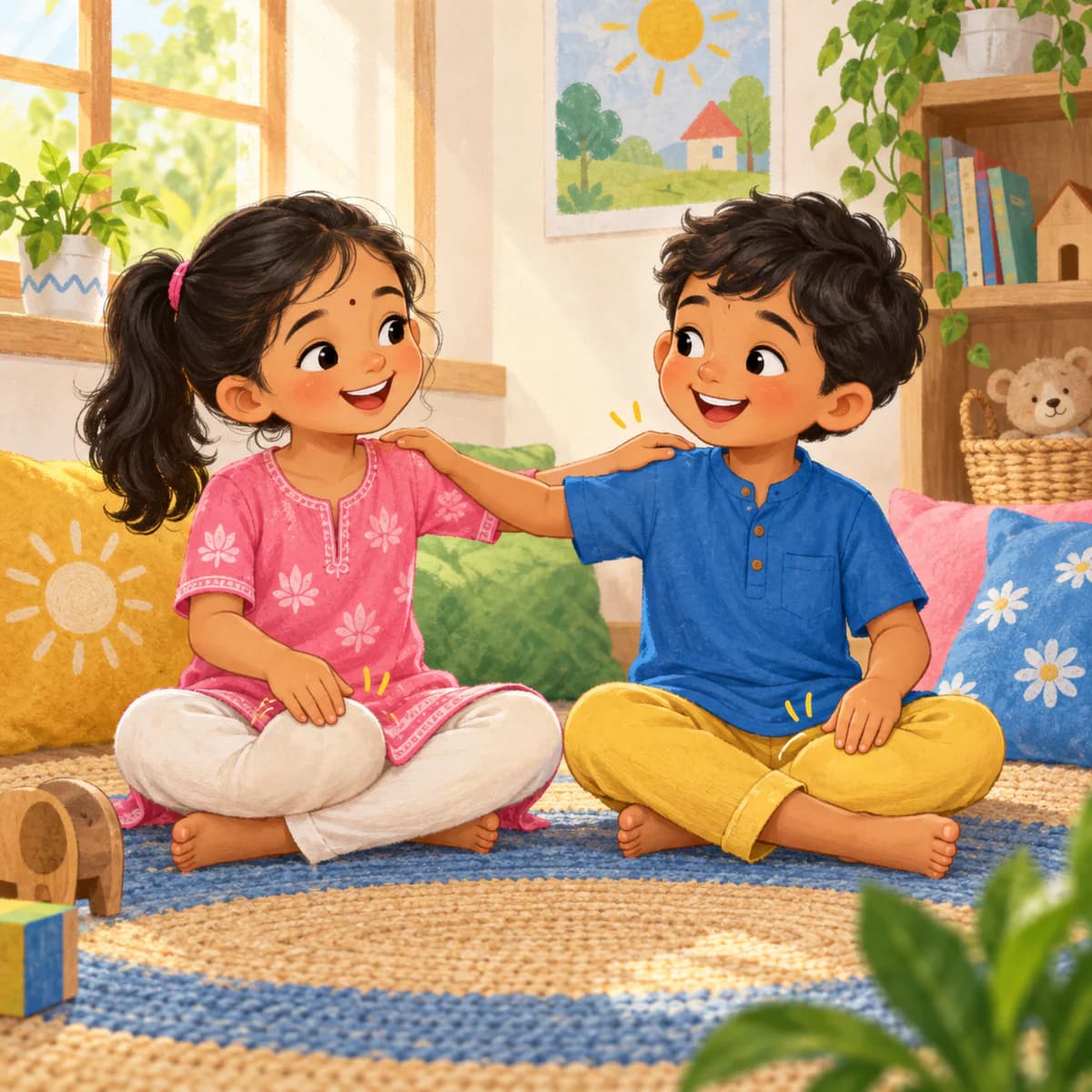 Two Indian children sitting together and playing a gentle tapping game